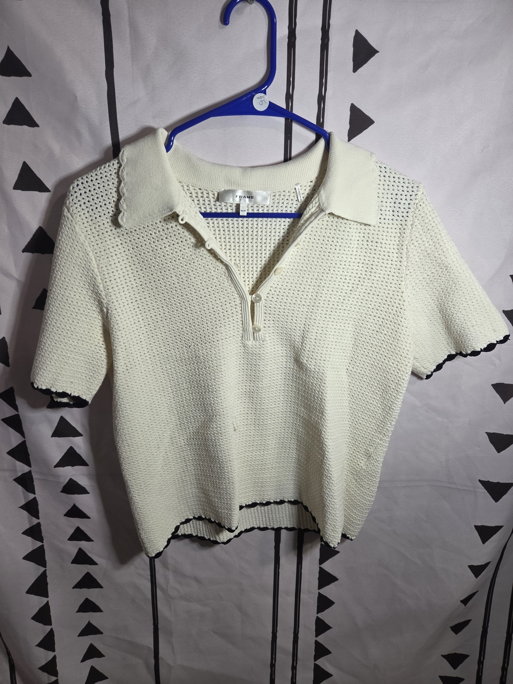 Frame Denim Cream Knit Polo with Black Contrast Trim